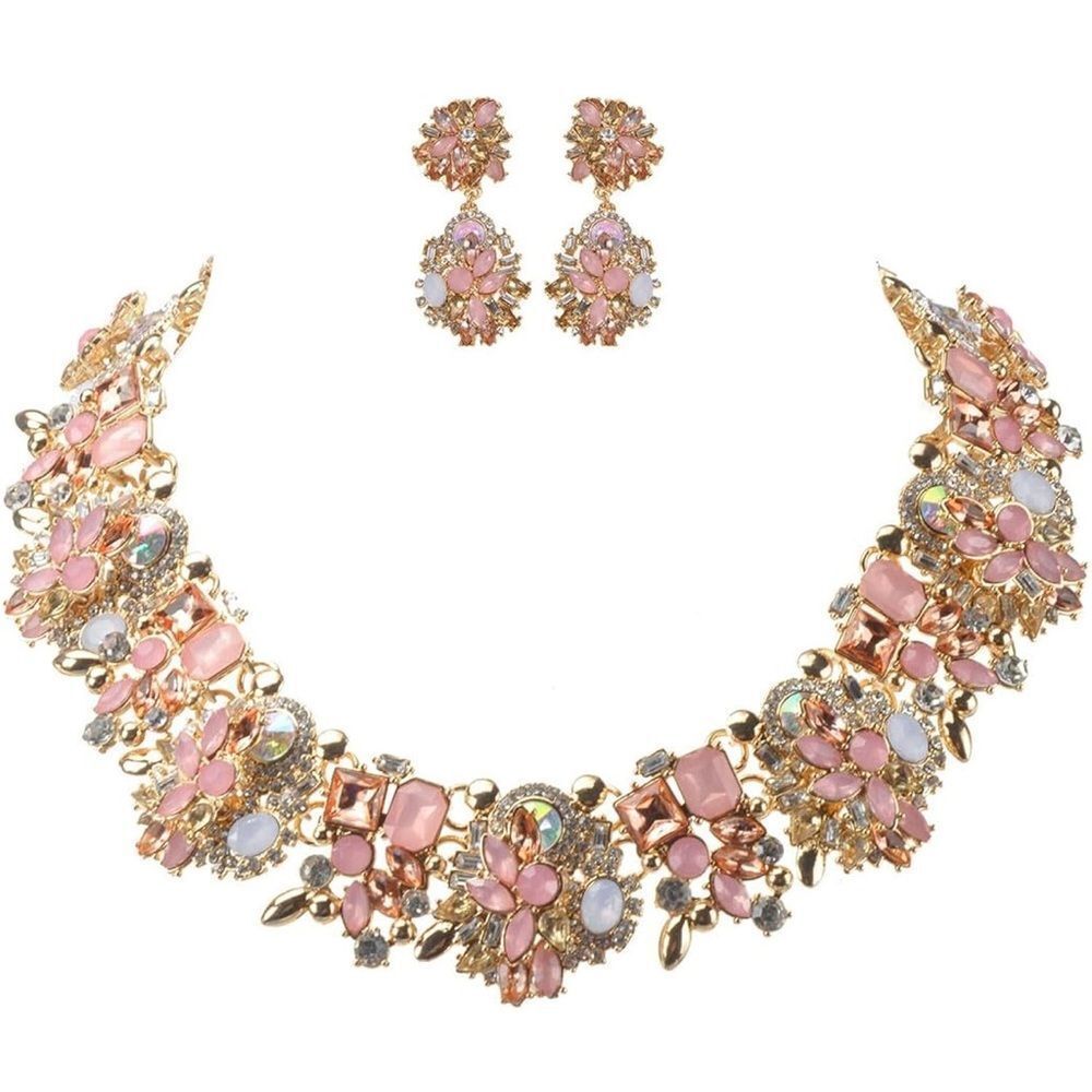 Crystal Rhinestone Statement Choker Bib Statement Necklace Earring Jewelry Set